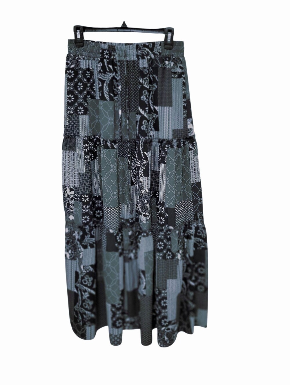 Women's Fairy Forest Green Maxi Skirt Patchwork Floral Size S Boho Tiered Sheer